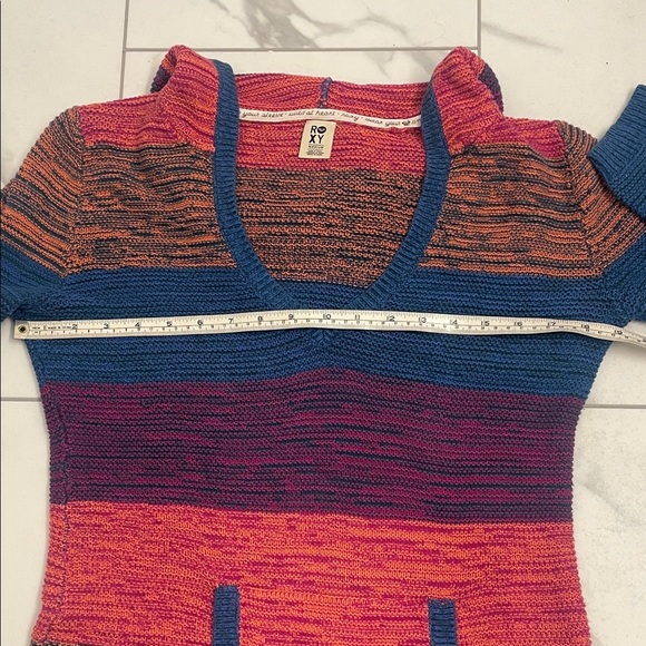 ROXY Yuma blue pink multicolor knit kangaroo pocket pullover hoodie Sz M - Picture 8 of 11